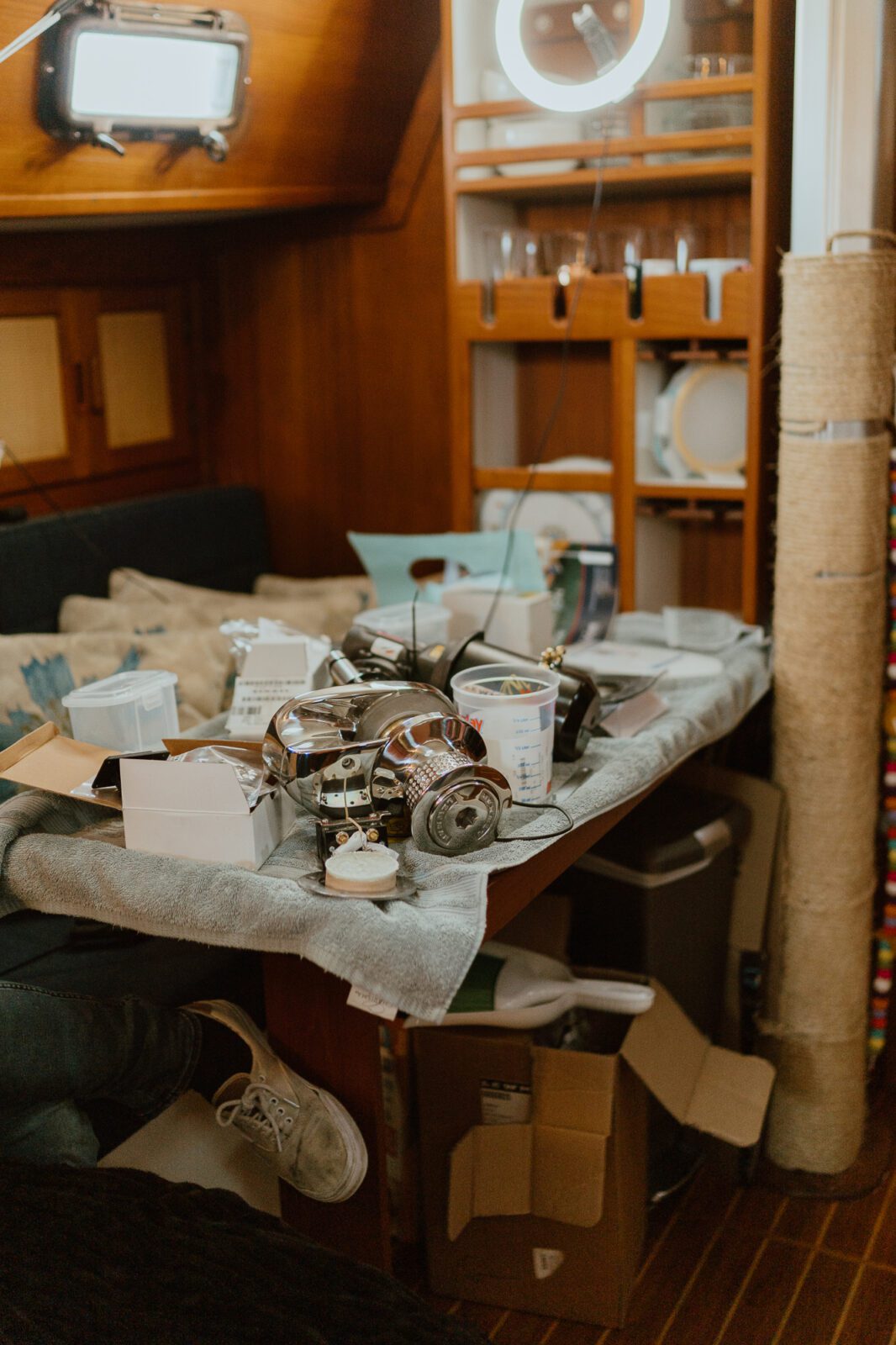 inside sailboat with new windlass on project table